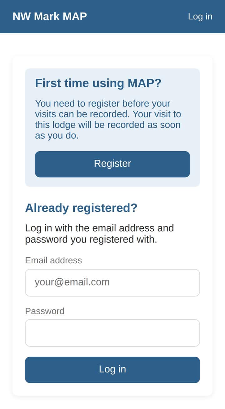 The MAP page with a Register button under First time using MAP?